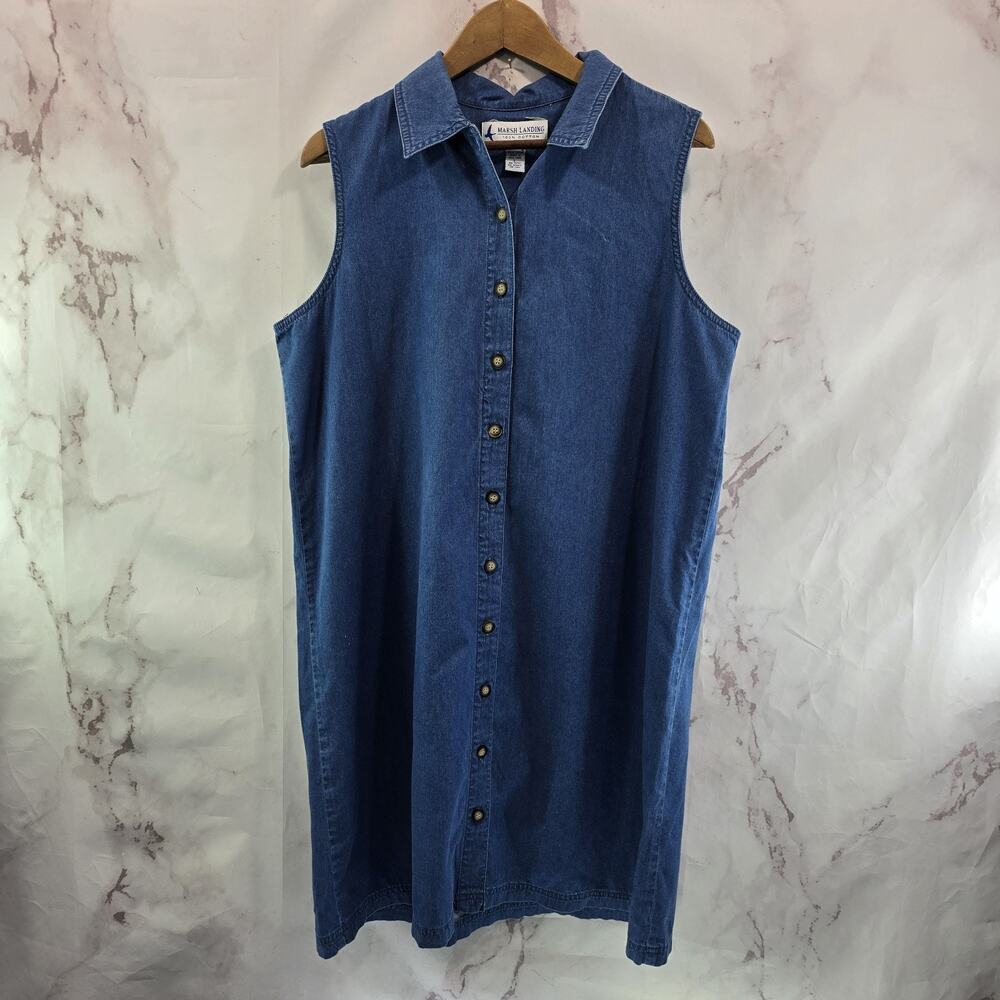 Vintage Shirt Dress Womens Large Blue Chambray Button Denim V Tank Collared